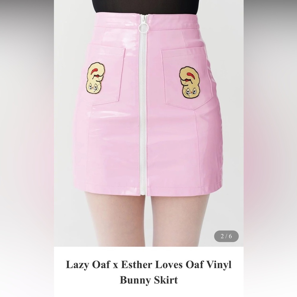 Lazy Oaf Pink Vinyl high waisted Skirt with Cartoon Details